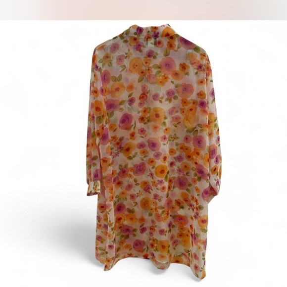 Vintage Pastel Floral Print Sheer Long Botton Down Blouse Collard Size *2XL - Picture 4 of 7